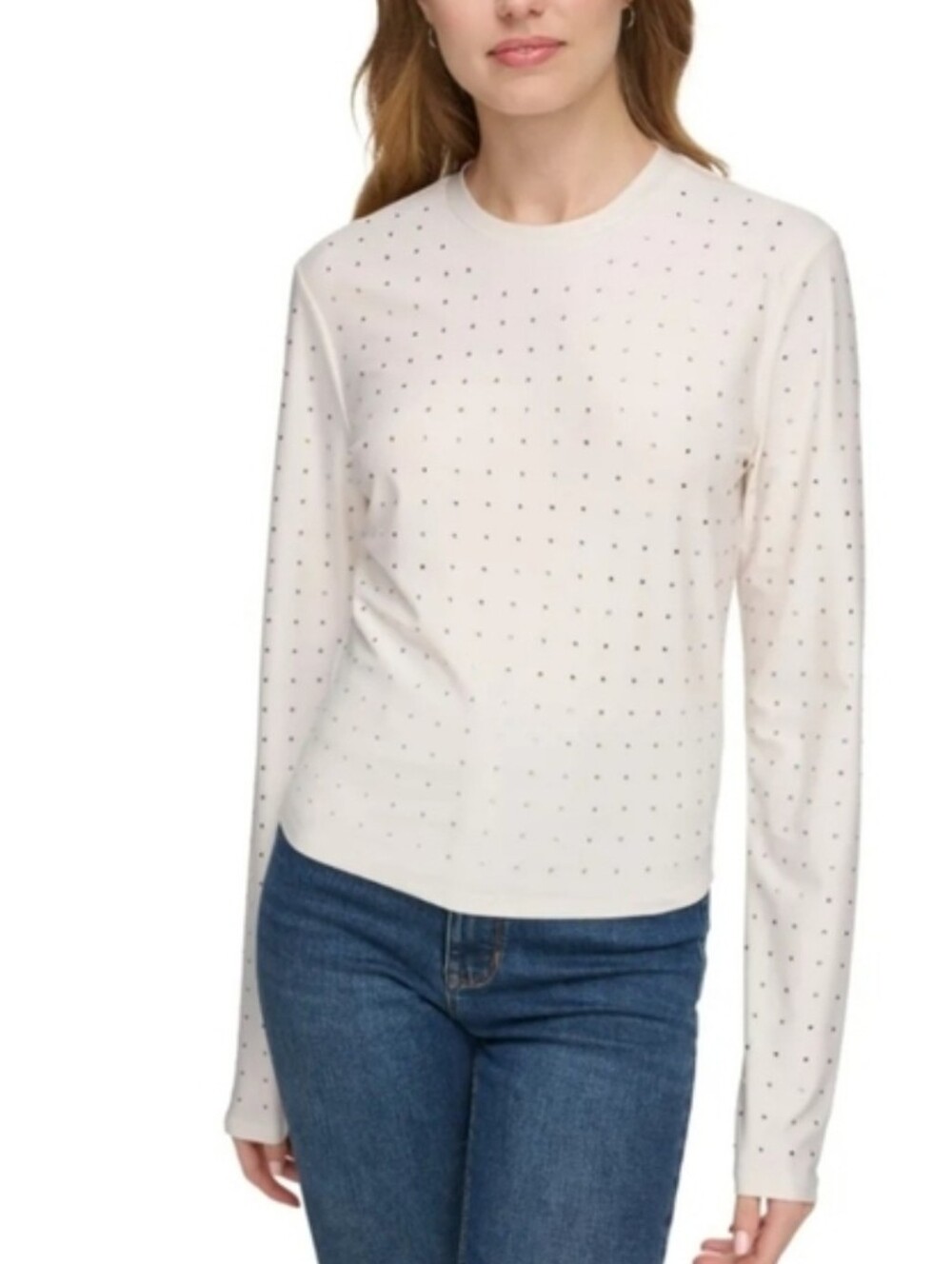 DKNY Jeans Studded Crewneck Long-Sleeve Casual Top - Ivy (Ivory) - Size Medium